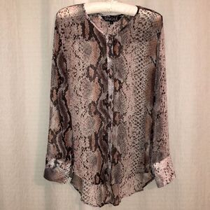 Single LA L Python Snake Print Ivory Blush Pink Brown Long Sleeve Sheer Blouse